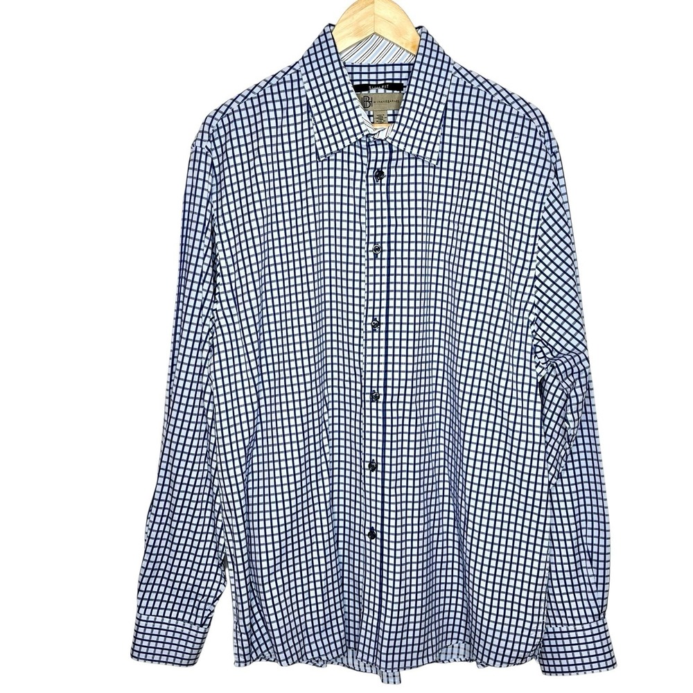 Jhane Barnes Slim Fit Windowpane Plaid Button Up Shirt Blue Mens XL Flip Cuff